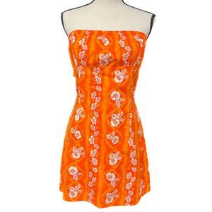 Vintage 2000's y2k L Hawaiian babydoll Tube bodycon Dress orange Hibiscus flower